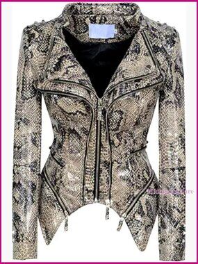 Women's Snake Print Studded Moto Leather Biker Jacket Slim Fit